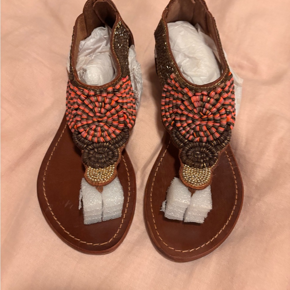 Steve Madden - Pharoh Women’s Brown Beaded Woven Thong Sandals - Coral Accent